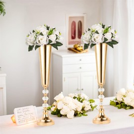 Tabletop Metal Vase Set of 2, Decorative Gold Vases for Centerpieces, Trumpet Vases for Flowers, Tall Table Flower Arrangements for Anniversary Birthday Party Wedding Home Decor (Gold- 2pcs)