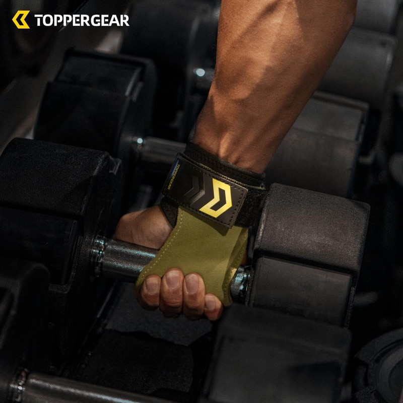 TOPPERGEAR Power Grip Genuine Leather Weightlifting Grips (Green, Medium)