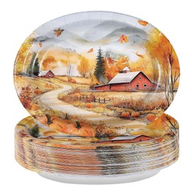 Grencian 50 Pcs Fall Landscape Oval Paper Plates Thanksgiving Oval Paper Plates 10" x 12" Large Disposable Heavy Duty Autumn Scenery Platters for Fall Theme Party Harvest Holiday Party Supplies