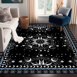 Sun and Moon Rug Boho Celestial Area Rugs for Bedroom Dorm Living Room Bohemian Occult Crescent Solar Stars Galaxy Floor Mat Pad Doormat Carpet,79" X 39",Black