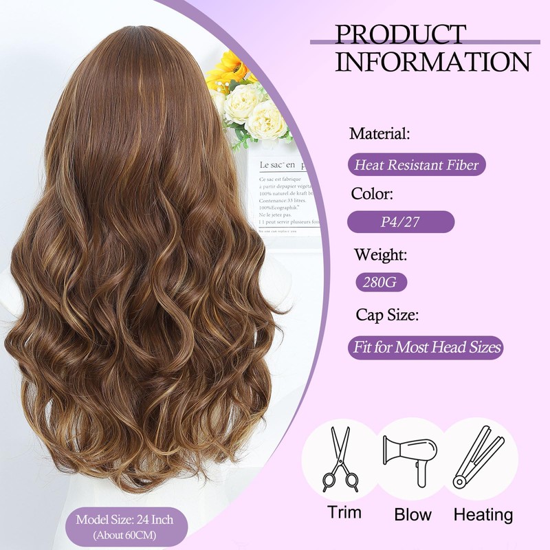 Brown Highlight Lace Front Wig 24 Inch Long Wavy Synthetic