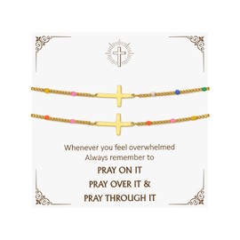 Gold Cross Bracelets for Women - 14k Gold Plated Cross Bracelet Set,Dainty Non Tarnish Golden Christian Prayer Jewelry,Inspirational Religious Confirmation Baptism Faith Gifts for Sister Friend Mom