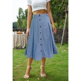 HERBATOMIA Midi Pleated Denim Skirt High Elastic Waist A-line Button Front Casual Flared Long Jean Skirts with Pocket for Women
