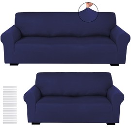 Peryiter 2 Pcs Sofa Covers Couch and Loveseat Covers Set Stretch Sofa Slipcover for Living Room Armchair Furniture Protector, Wrinkle Proof(Navy Blue,Milk Silk)