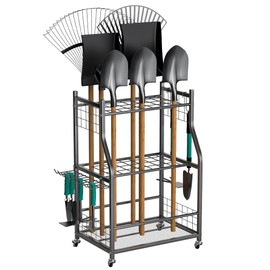 EVERHANGER Garden Tool Organizer Stand, Garage Tool Storage Organization, Yard Tool Racks with lockable wheels, Fit for Long-Handled Tools/Rakes/Brooms, Indoor/Outdoor Use