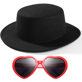 Kids Fashion Classic Black Fedora Hats + Red Heart Sunglasses Costume Outfit - Flat Wide Brim Church Cap Jazz Hat,for Girls