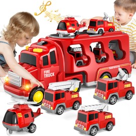 KukuFun Car Toy Truck for Toddlers Boys Girls 1 2 3 4 5 6 Years Old, 5 in 1 Toddler Trucks Toys for Boys Age 1-3 3-5, Boy Toys Christmas Birthday Gift Car Sets with Light Sound (Fire Truck)