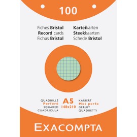Exacompta 13658E Index Cards (205 q/sqm Cardboard, Wood-Free, DIN A5, Squared, Punched) Pack of 100 Assorted Colours