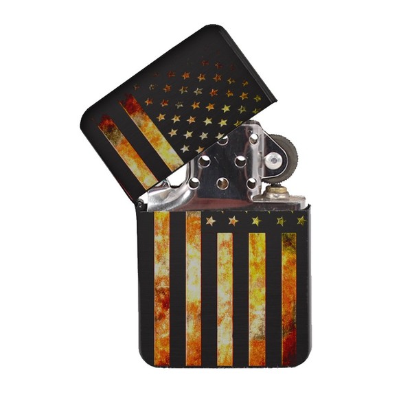 American Flag Grunge Metal - Black Lighter Windproof Flip-Top Refillable with tin Gift Box
