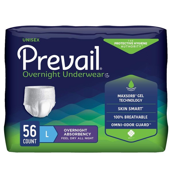 Prevail Incontinence Unisex Overnight Protective Underwear, Overnight Absorbency, Large, 56 Count