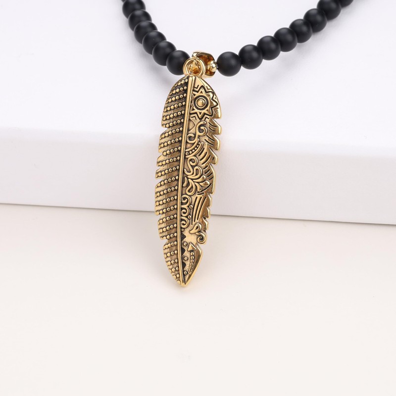 GAVU Mens Matte Onyx Pearl Feather Pendant Necklace, Stone, Onyx