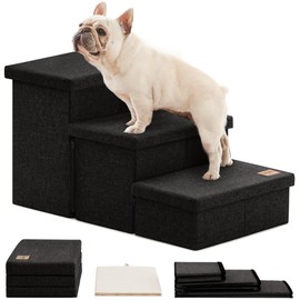 Love's cabin Dog Stairs with Storage,3 Steps Wider Dog Steps for High Bed 18" H,Foldable Pet Stairs for Small Medium Large Dogs Cats for Bed Couch Car, Ramp with Zip up to 200 lbs,Black, No Condo