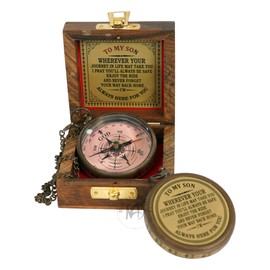 to My Son Engraved Brass Compass with Wooden Box | Victorian Stripe Design | Gift for Son & Grandson | Graduation, Birthday, Baptism, Confirmation & First Communion Keepsake