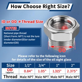 Boltigen Stainless Steel Oil Sight Glass with Float Ball, 3/4'' NPT Compressor Sight Glass, Clear Oil Level Sight Window Indicator, Site Glass Replacement for Air Compressor Tank Liquid Sight Plug