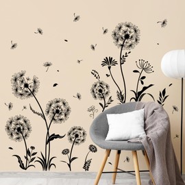 Tanlaby Black Dandelion Wall Stickers Flying Floral Wall Decals Nature Plant Peel and Stick Art Decor for Girls Bedroom Living Room Office TV Sofa Backdrop