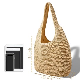 Ginnmo Straw Beach Bag, Large Woven Tote Bag for Women, Shoulder Beach Bag Handbag, Retro Boho Bag for Shopping Travel (Beige)