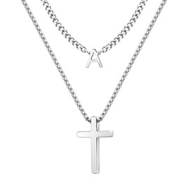 Cross Necklace for Men Layered Initial Cross Pendant Necklace Letter A Cross Necklace for Men Christian Jewelry Gift for Men