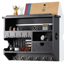 HEKFL Key Holder for Wall, Mail and Key Holder, Mail Organizer Wall Mount with Storage Drawer and 10 Hooks, Easy Installation Key Holder for Home Decor, Black