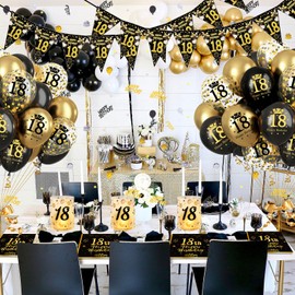 YEJIKJ Decoration 18th Birthday Boy, 18th Birthday Table Decoration Man Women, 18th Black Gold Birthday Decoration Balloons, 18 Year Happy Birthday Party Decorations Set with Lantern Confetti Napkins