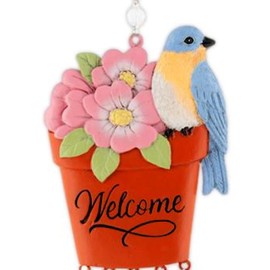 Carson 14" 'Bluebird' Welcome Flower Pot Wind Chime - Floral Chime - Gardening Windchime for Outdoor Decor - Garden Patio Porch