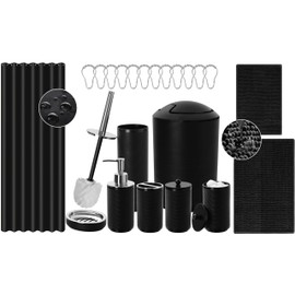 KASUNTING Black Bathroom Accessories Sets with Shower Curtain and Rugs, 22 Pcs Bath Accessory Set Complete with Trash Can, Plastic Ribbed Soap Dispenser and Toothbrush Holder Set Toilet Brush Holder