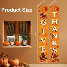 GIVE THANKS Fall Porch Banner - Thanksgiving Hanging Sign with Pumpkin, Maple Leaf and Turkey, Autumn Harvest Decorations for Door, Wall, Indoor or Outdoor, 72"x12" (Orange)