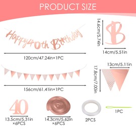 40th Birthday Decorations Rose Gold Happy 40th Birthday Banner Hanging Swirls Streamers Triangle Flag Bunting for Women and Men Party Supplies