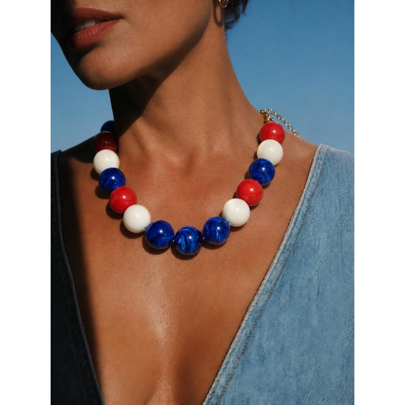 CLASSYZINT 20mm Chunky Red White Blue Beaded Necklace for Women