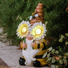 LA Jolie Muse 11.7'' Solar Gnomes Garden Statues-Resin Bee Gnomes Figurine Sunflower Decor with Solar LED Lights for Outdoor Gnomes Decorations for Yard Patio Lawn Porch, Garden Gifts for Mom