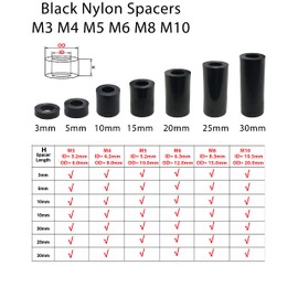 12pcs x M4 x 20mm Black Nylon Spacers and Standoff Washers for M3, M4, M5, M6, M8 Screws, Lengths 3mm to 30mm (Pack of 12)