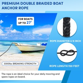 VEITHI Anchor Rope 150 ft x 3/8 inch Black, Double Braided Anchor Line with Stainless Steel Thimble & Shackle, Boat Rope with Reflective Strip Ideal for Towing,Mooring,Anchoring,for Boats Up to 27'
