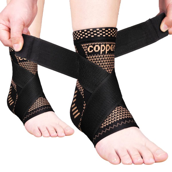 JIUFENTIAN Copper Ankle Brace Adjustable Compression Sleeve (Pair)-Ankle Support Heel Brace for Achilles Tendonitis, Plantar Fasciitis-Eases Swelling and Sprained Ankle(X-Large)
