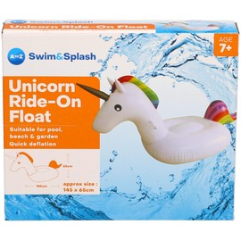 Atoz Swim & Splash Unicorn Ride-On Float, Rainbow Design, 145 x 65 cm, Age 7+, Quick Deflation, Pool Beach Garden