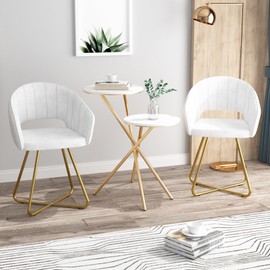 VECELO Velvet Accent Chair Set of 2,Velvet Home Desk Chair with Gold Tone Finished Base Oversized Backrest, Comfy Upholstered Velvet Chairs for Living Room Dining Room,Pearl White