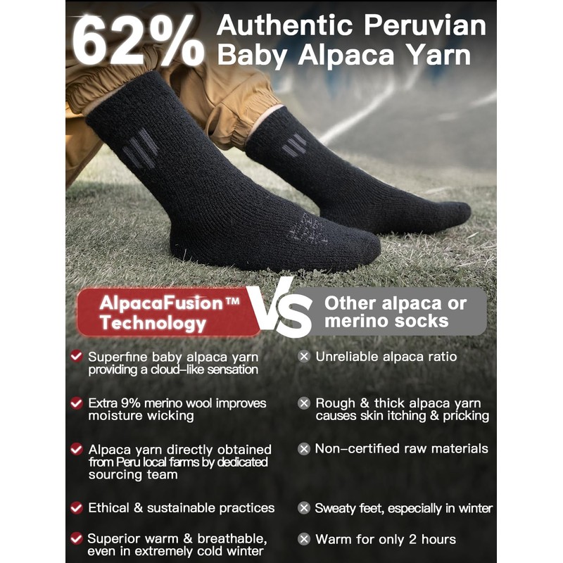 2-Pack Alpaca Wool Crew Socks, Thick Thermal Winter Socks Hunting