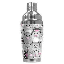 Mugzie 16 Ounce Stainless Steel Cocktail Shaker/Martini Shaker with Wetsuit Cover - Gray, White & Pink Cat Toss