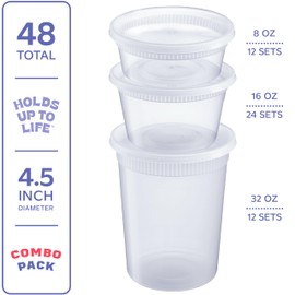 GUSTO To Go Food Containers with Lids [8 oz, 16 oz, 32 oz - 48 Count] - Deli Plastic Food Storage Containers with Lids for Meal Prep, Leftovers, and Freezer Storage - Formerly Comfy Package