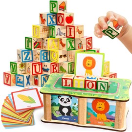 Lewo ABC Wooden Blocks for Toddlers 1-3 Alphabet Learning & Educational Toys with Box & Letter Spelling Matching Game, Boys Girls Montessori Building Blocks Birthday Gifts for Kids 1 2 3 4 Years Old