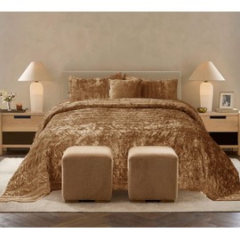 COCOPLOCEUS 3 Pieces Luxurious Velvet California King Quilts Set 106x118 Ruched Bedspread Coverlet Quilted Bedding Set with 2 Pillow Shams 20x36 Ultra Soft Comforter for All Season, Caramel