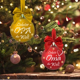 Pack of 2 Christmas Tree Baubles Liebster Grandpa Liebste Oma der Welt Christmas Baubles Motif Baubles Made of Plastic Unbreakable Shatterproof Matt Metallic (Grandma / Grandpa)