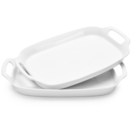 DOWAN Serving Tray with Handles, 15.4" Large Platters for Valentines Day Dinner, Porcelain Serving Dish for Entertaining, White Plates for Turkey Meat Fruit Dessert, Set of 2