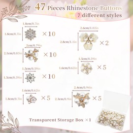 47Pcs Rhinestone Buttons for Clothing, Faux Pearl Buttons Embellishments, Flat Back Flower Button for Crafts DIY Jewelry Making Clothes Shoes Hair Decoration (7 Styles)