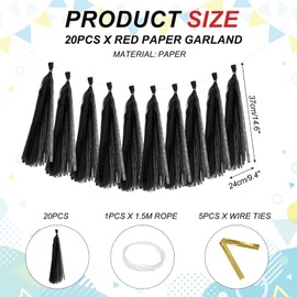 sourcing map 20Pcs Tassel Garland Banner Tissue Paper for Streamers Party Decorations, Valentine's Day Birthday Decor for Women with Rope and Tie Wire (Black, 14.6Inch)