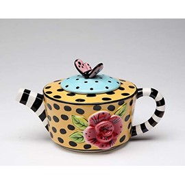 6 7/8" Striped and Polka Dot Teapot with Flower and Butterfly Design
