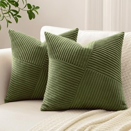 Sungeek Set of 2 Soft Corduroy Decorative Cushion Covers 60x60cm Striped Pinwheel Patchwork Textured Throw Pillow Cases Farmhouse Solid Square Pillow Cover 24x24 Inch for Sofa Bed Couch, Olive Green