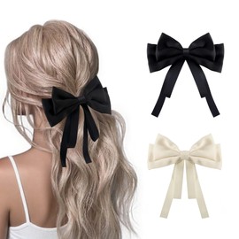 Dalababa 2 Pcs Bow Hair Clips, Solid Color French Barrette with Soft Silky Satin Bow Ribbon, Hair Accessories for Women Girls Party Festival Birthday Wedding(Black, Beige)