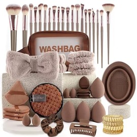Juego de 48 brochas de maquillaje marrón, profesional y apto para principiantes, kit de brochas de maquillaje sintéticas de primera calidad, juego de 