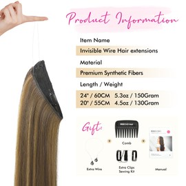 REECHO Invisible Wire Hair Extensions with Transparent Headband Adjustable Size Removable Secure Clips in Straight Secret Hairpiece for Women (20 Inch (Pack of 1), Chocolate Brown with Highlights)
