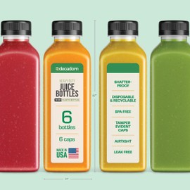 DECADORN 12 oz Plastic Juice Bottles With Caps - 6 Pack MADE IN USA Juicing Bottles Reusable - Juice Container For Fridge - Shatterproof, BPA-Free, Leak proof, Disposable & Recyclable