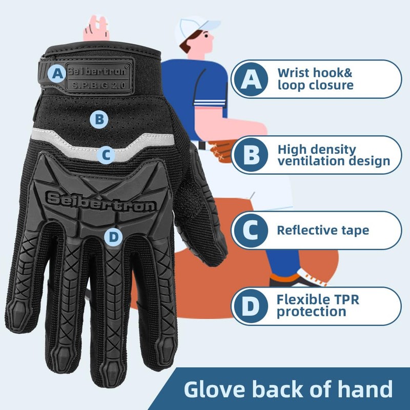 Seibertron S.P.B.G 2.0 Baseball/Softball Batting Super Grip and Protective Gloves